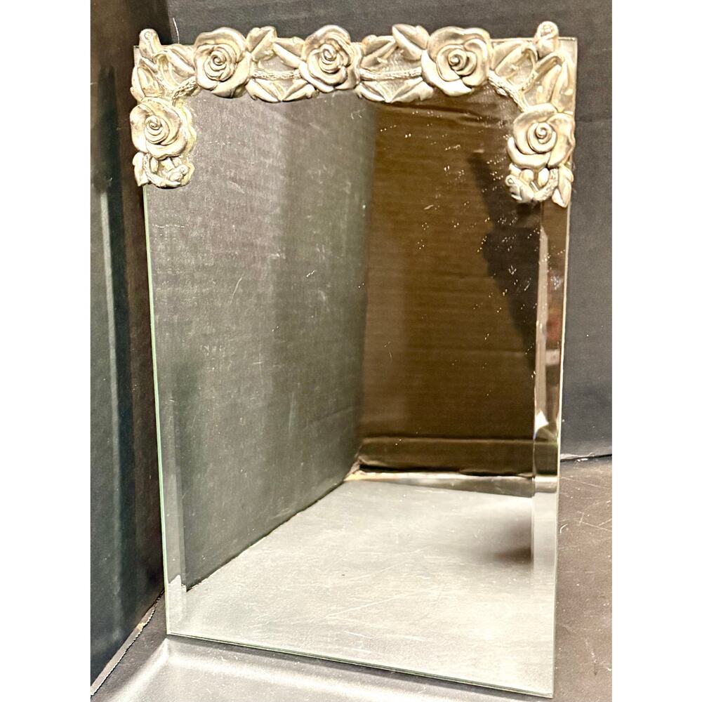 Vintage Dresser Tabletop Beveled Mirror Chromed Metal Roses Top Frame 12X8”